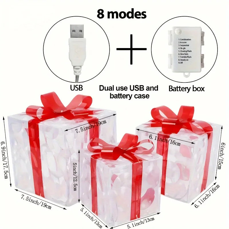Lot de 3 boîtes cadeaux lumineuses de Noël – Décoration d’intérieur LED rouge et or, effet ruban scintillant