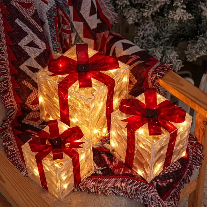 Lot de 3 boîtes cadeaux lumineuses de Noël – Décoration d’intérieur LED rouge et or, effet ruban scintillant