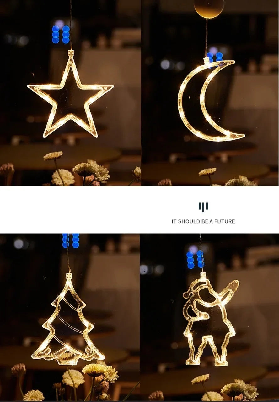 Guirlande lumineuse flocon de neige et Père Noël – Décoration de fenêtre à ventouse LED de Noël