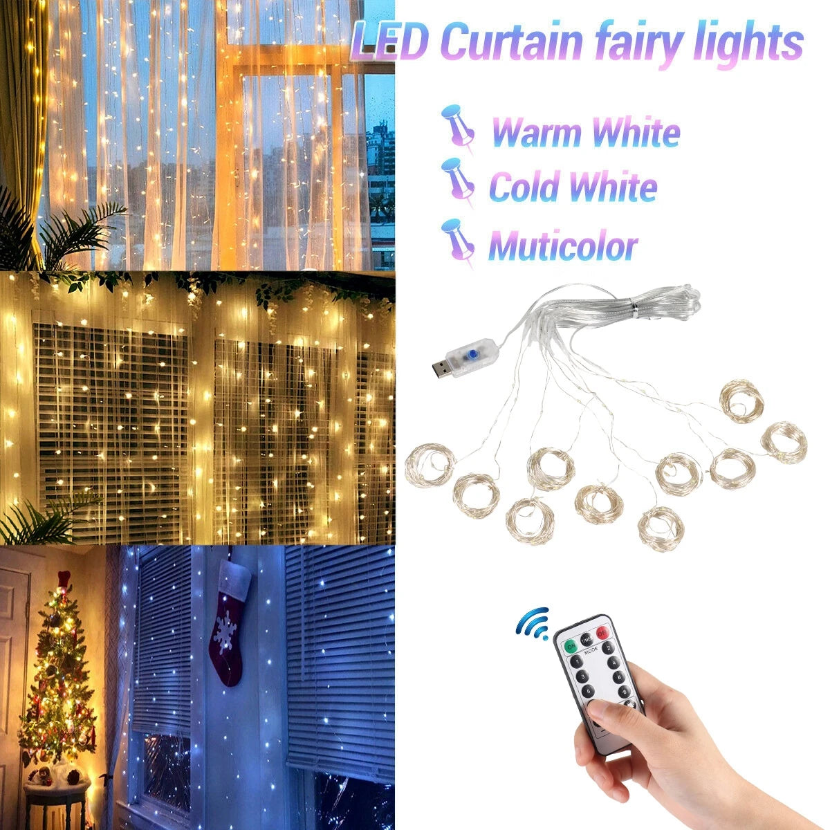 Rideau lumineux de Noël – Guirlande LED pour décoration intérieure ou extérieure